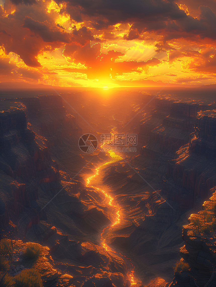 日落时峡谷蜿蜒的河流图片