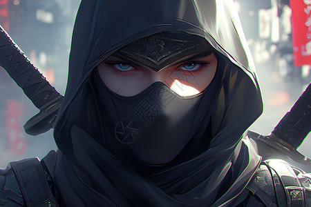 黑色口罩戴着黑色头巾的剑客插画