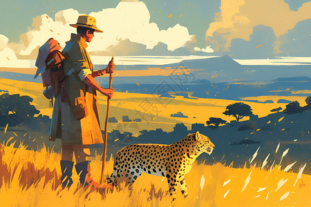 荒野中的豹子和男人背景图片