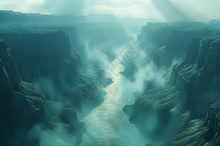 马岭河峡谷晨雾中的峡谷河流插画