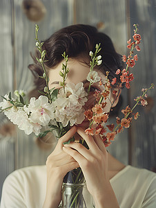 女性在花朵中背景图片