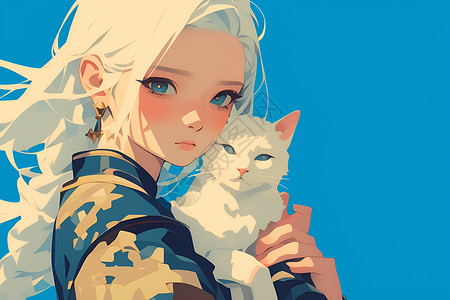 少女怀揣猫咪插画