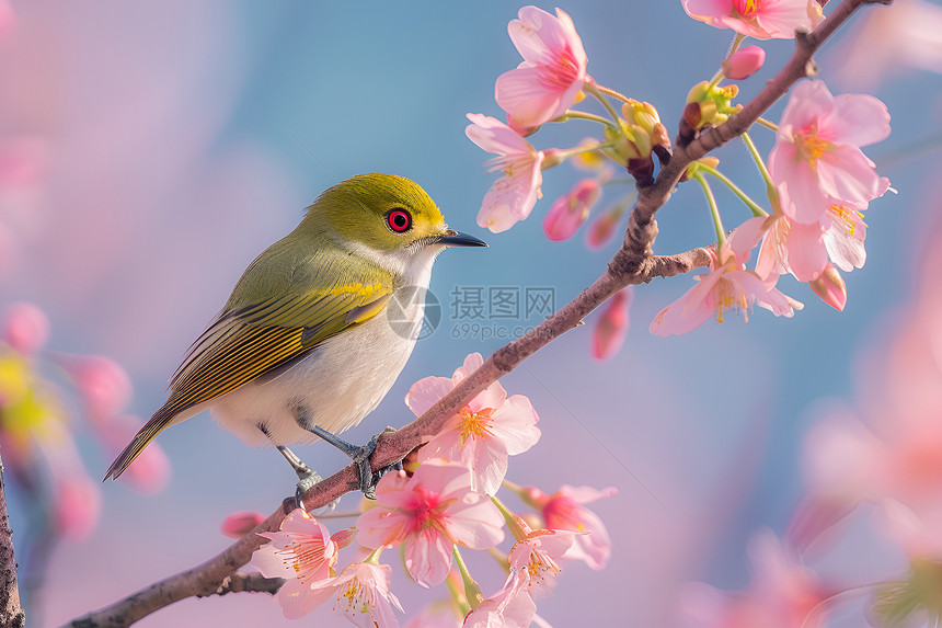 樱花树上的可爱小鸟图片