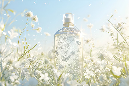玻璃瓶护肤品草地上的玻璃瓶插画