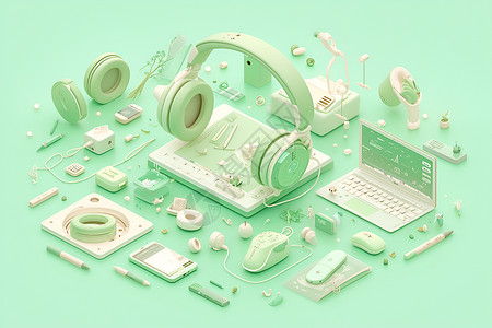 产品科技绿色的电脑耳机插画