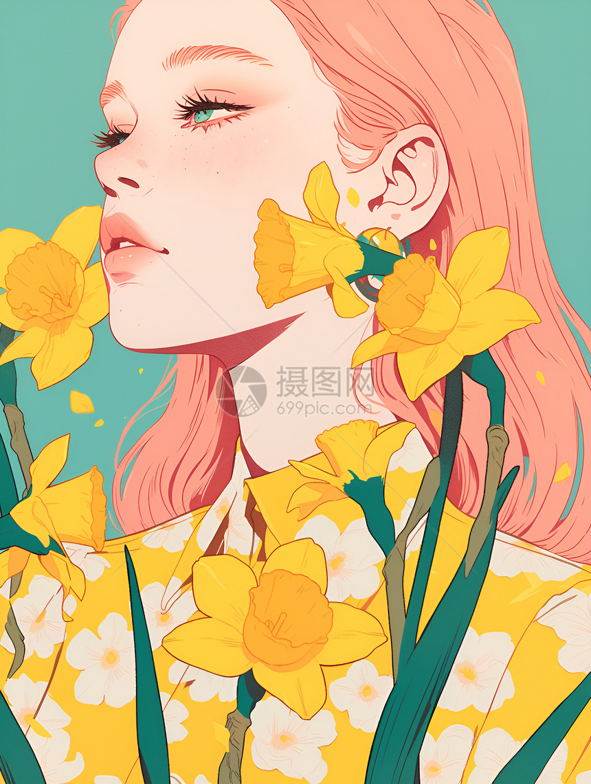 少女和黄色水仙花图片