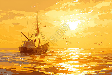 渔船大海金色夕阳映衬下的渔船插画