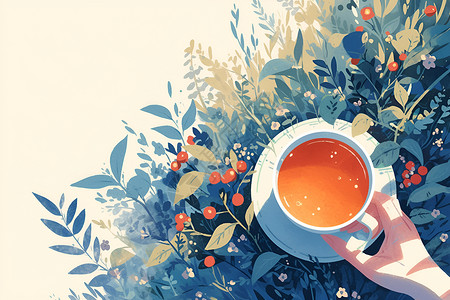 花丛里一只手拿着茶杯背景图片