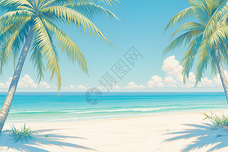 冲绳白色沙滩椰树围绕着一片白色沙滩插画