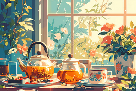 玻璃茶壶柠檬水窗户下的茶壶和植物插画