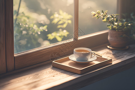 咖啡杯子陶瓷木制托盘里的茶杯背景
