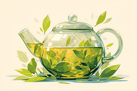 茶水单玻璃茶壶里的茶叶插画