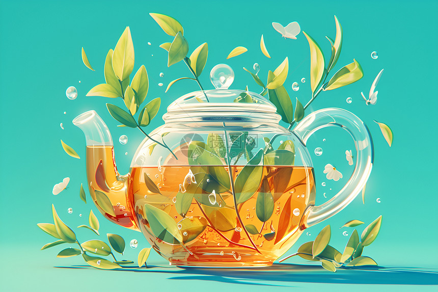 透明茶壶里的茶叶图片