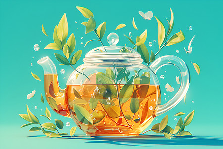 玻璃茶透明茶壶里的茶叶插画