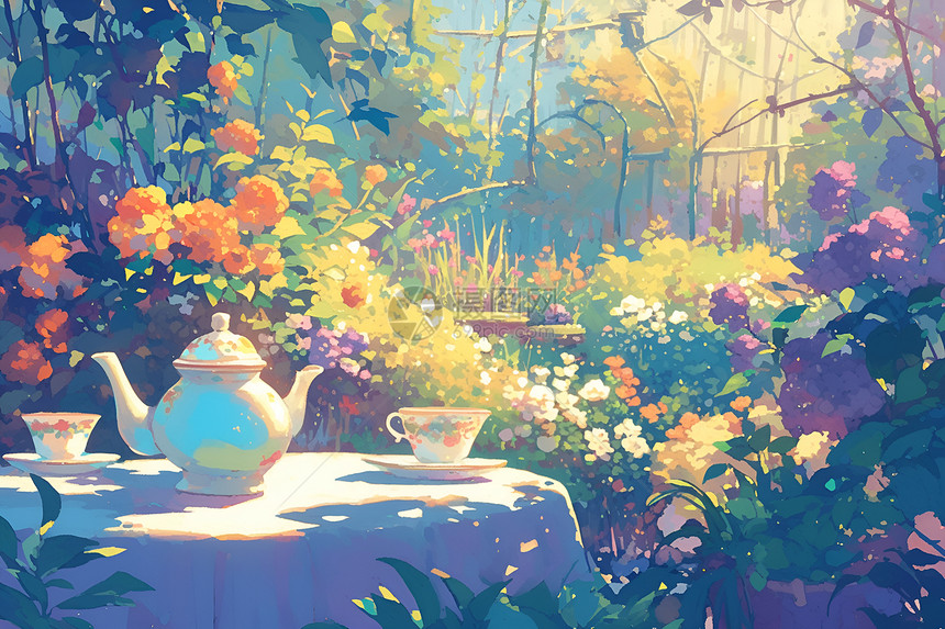 花园茶桌上的茶壶图片