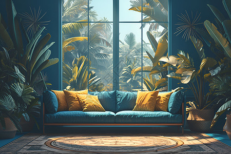 别墅客厅素材沙发旁的热带植物插画