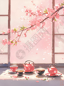 传统茶文化樱花背景下的传统茶道仪式插画