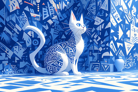 几何蓝墙前的猫咪插画背景图片
