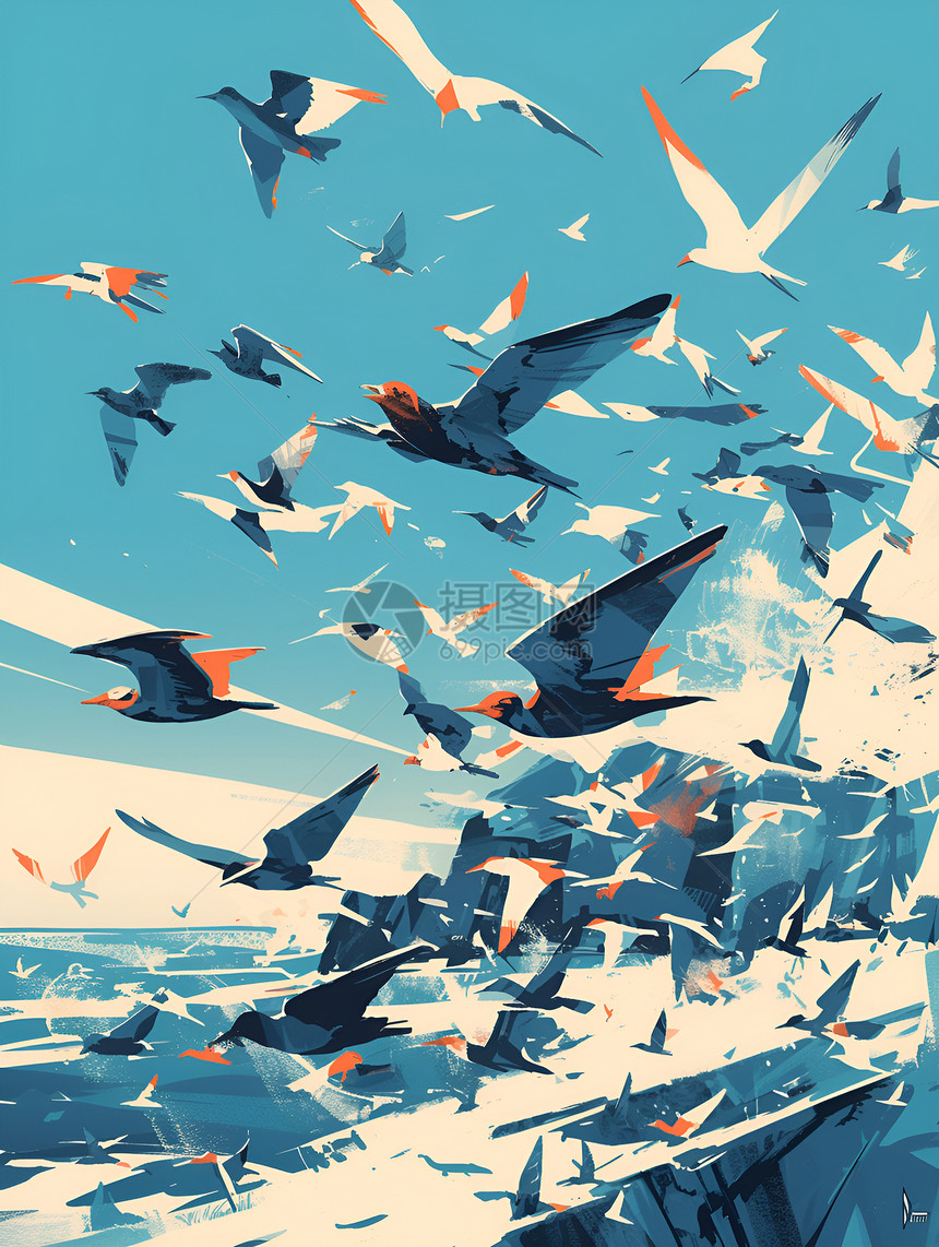 海鸟群从无人居住的岛屿起飞图片