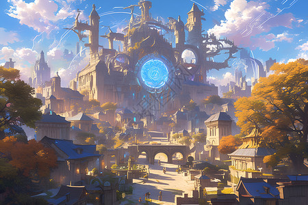 仙境奇幻钟楼之城背景图片