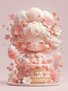 粉色蛋糕上的少女玩偶背景图片