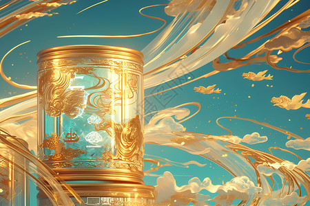 金属雕塑海洋上的金色圆柱形容器插画