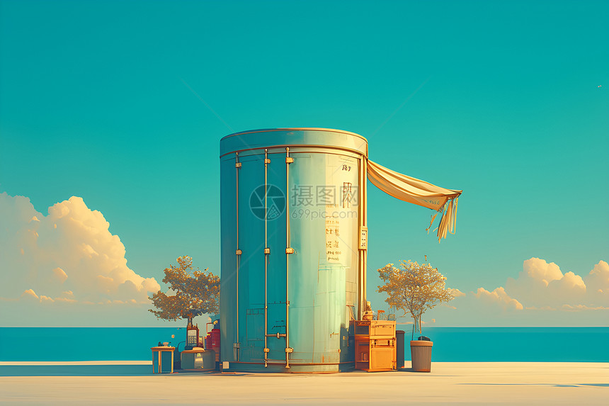 沙滩上的圆柱容器图片