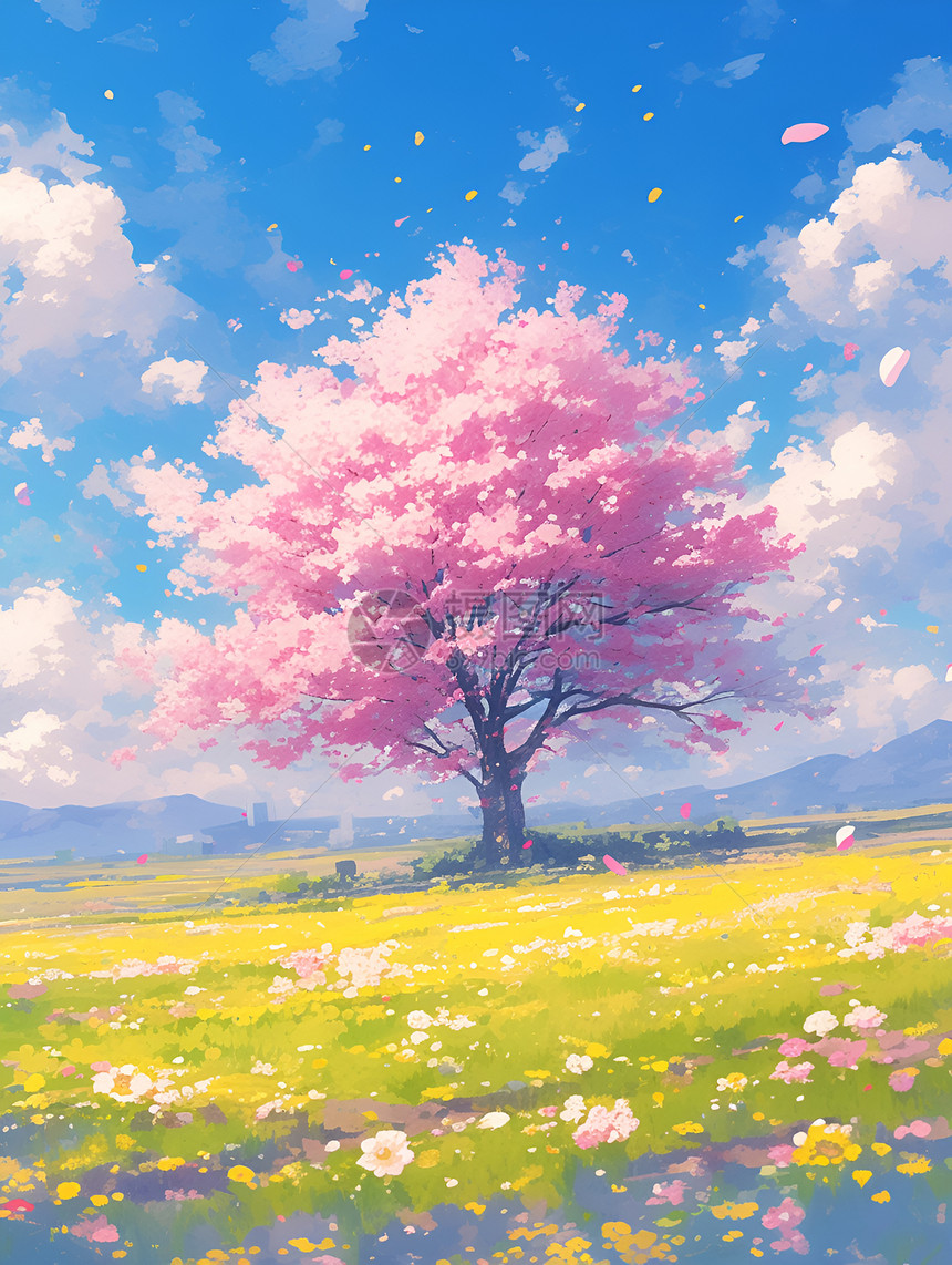 草原上盛开的粉色花朵图片