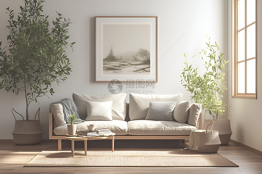房屋内的沙发和盆栽图片