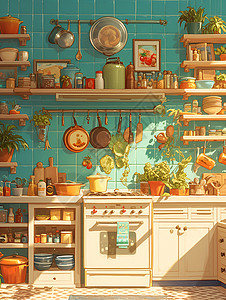 魔幻厨房内的餐具插画背景图片