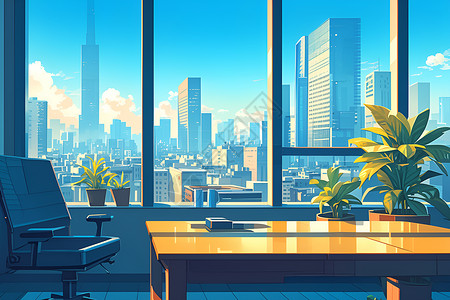 室内桌椅城市办公室内的窗户插画