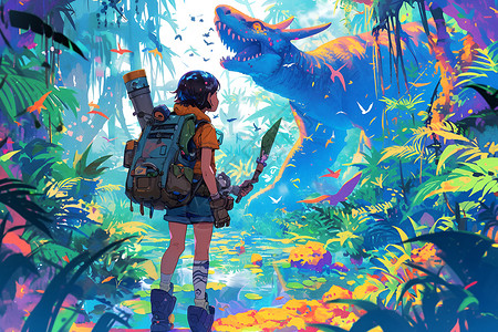 森林探险的女孩插画背景图片
