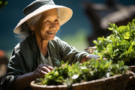 阳光下采茶的老妇人高清图片