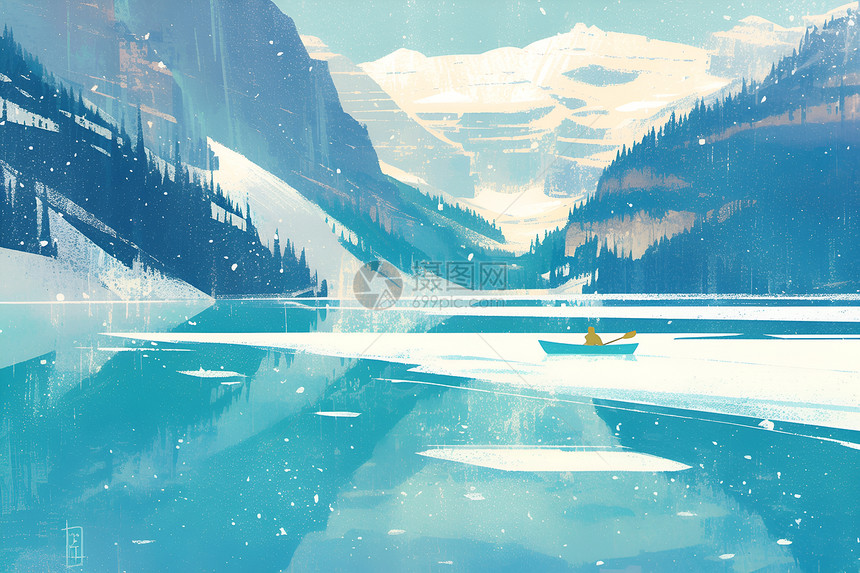 寂静冬日的湖泊孤舟图片