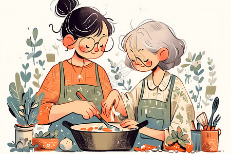 烹饪厨房共享厨艺的两位老人插画