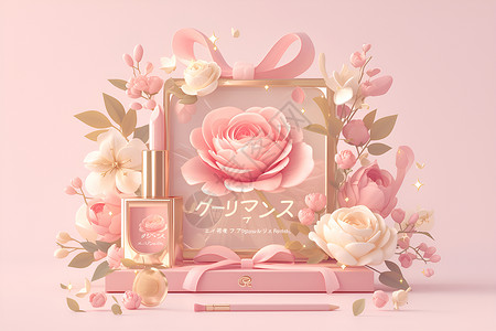 护肤品盒子粉红花朵与瓶子设计图片