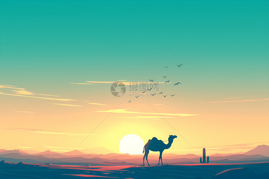 荒漠夕阳下的骆驼图片