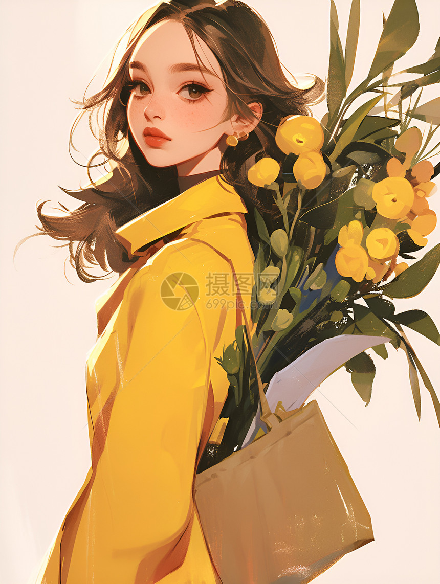 黄衣女子包里的花束图片