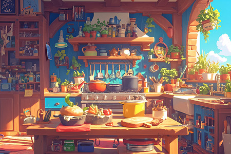 蔬果食材童话般的厨房世界插画