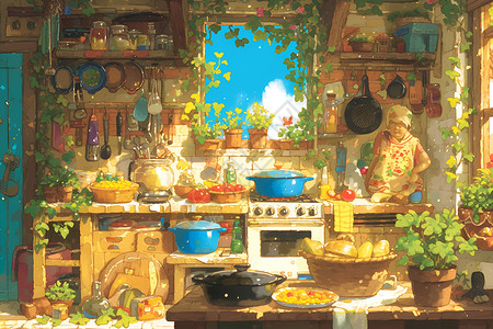 蔬果食材厨房的童话般画面插画