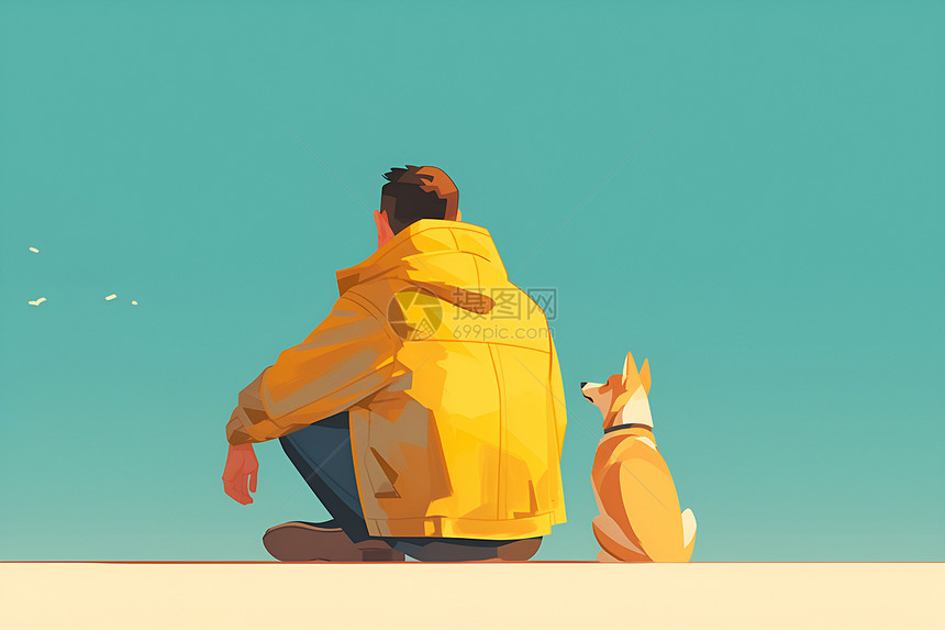 坐在黄色衣服男子旁的小狗图片