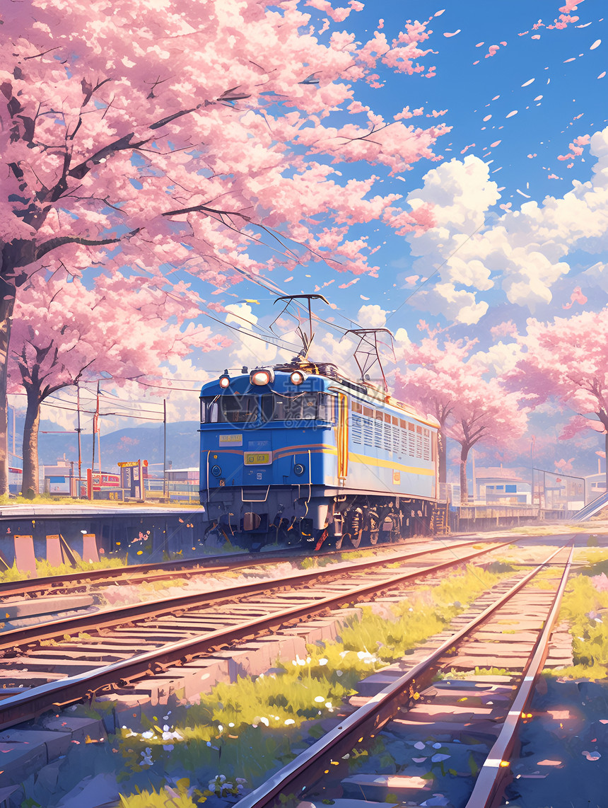 火车路过樱花图片