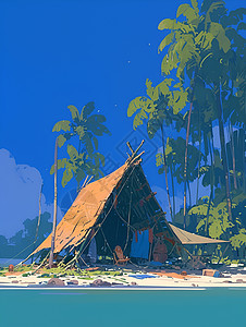 茅草屋孤岛上的遮蔽所插画