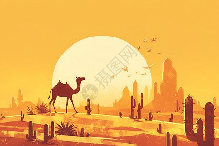 夕阳下的沙漠美景背景图片