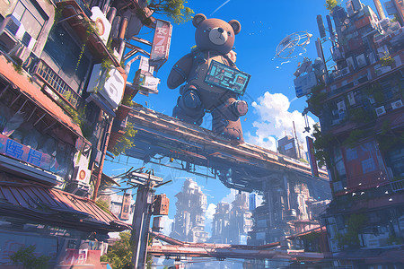 城市上空的熊背景图片