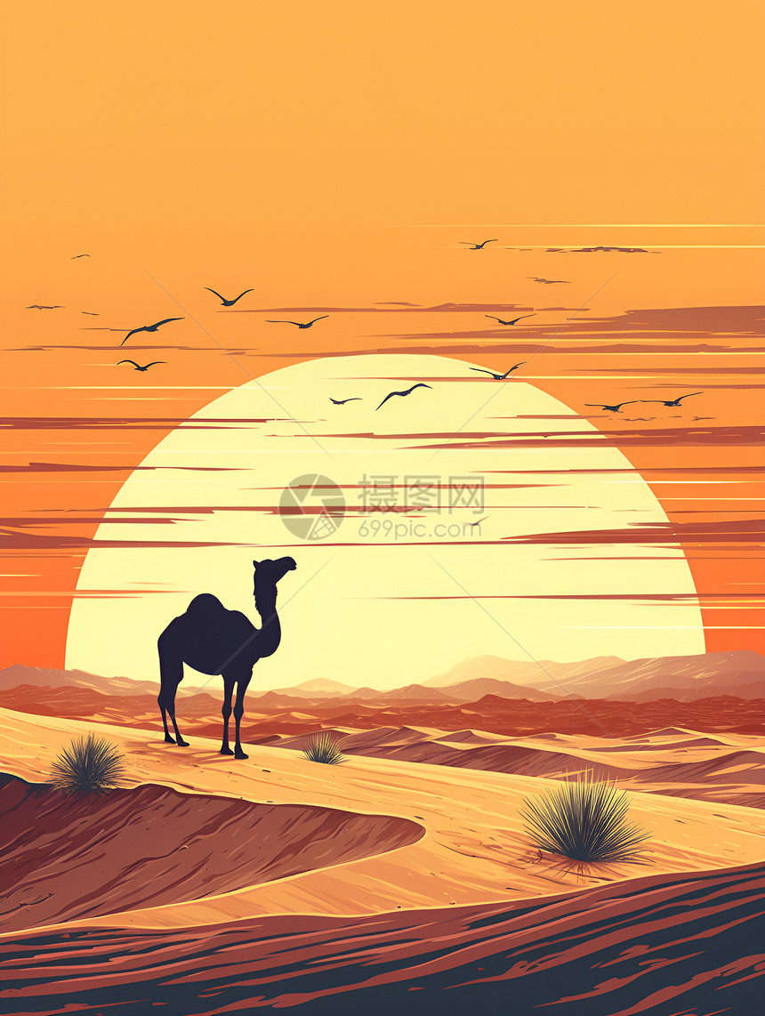 夕阳下的沙漠骆驼图片