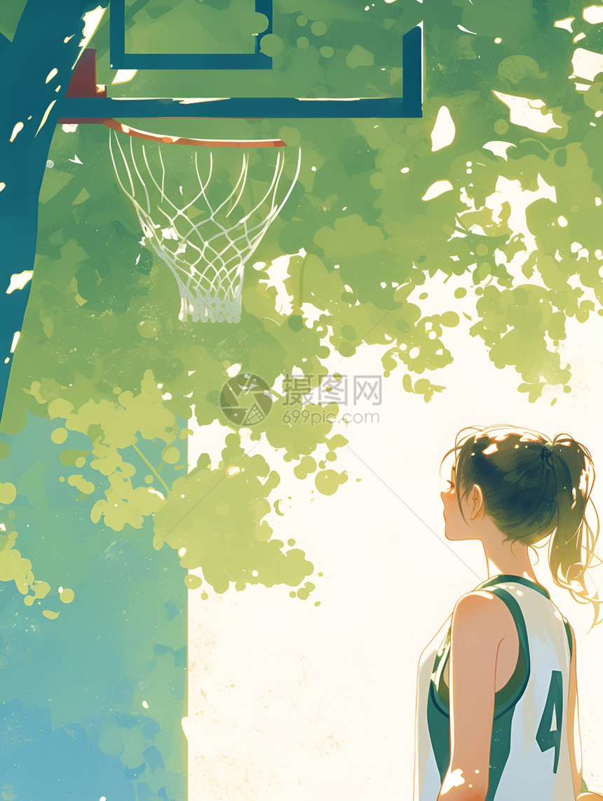 篮球场上的少女插画图片