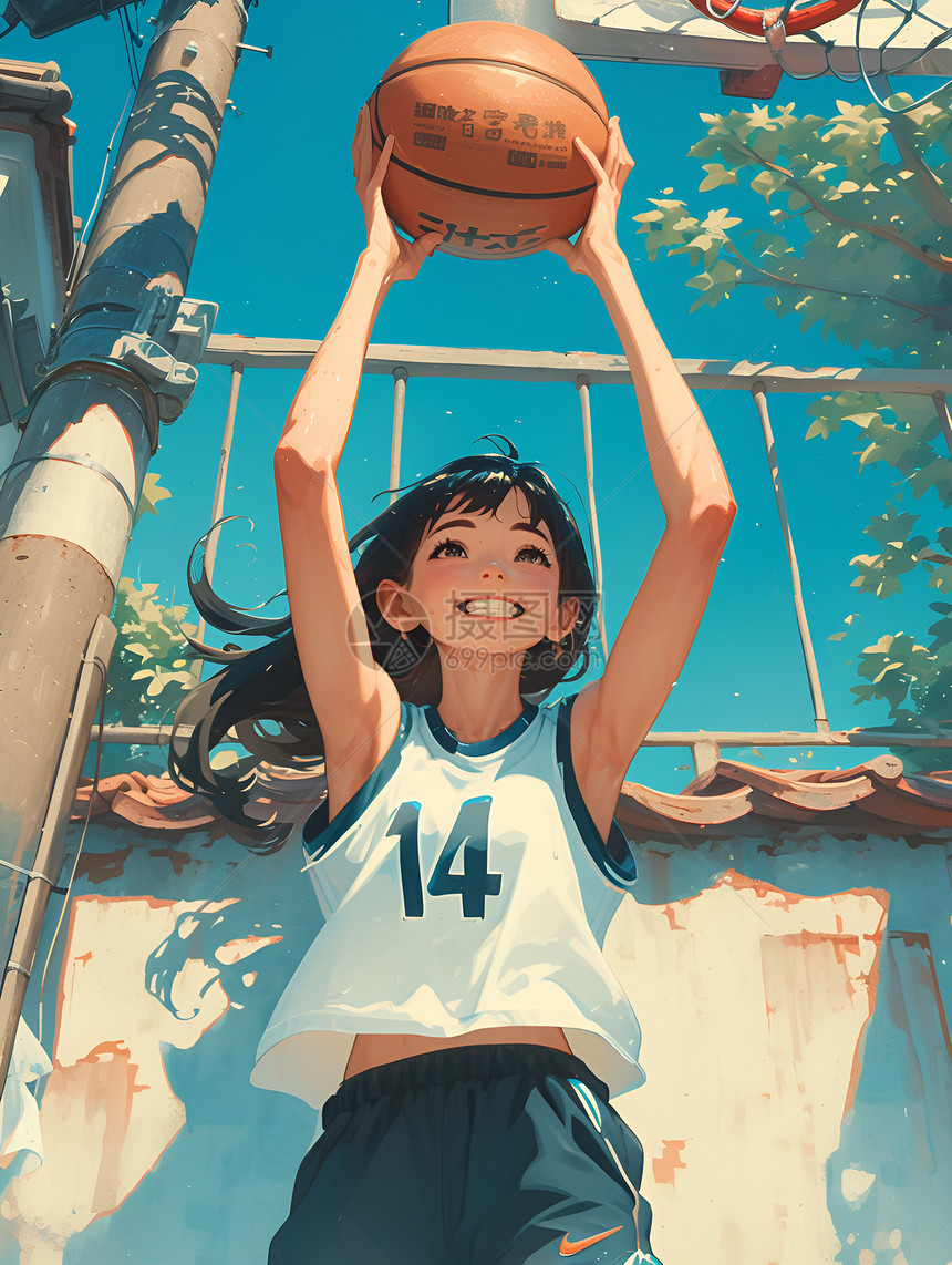 打篮球的少女插画图片
