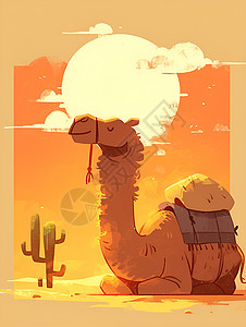 落日沙漠里的骆驼背景图片