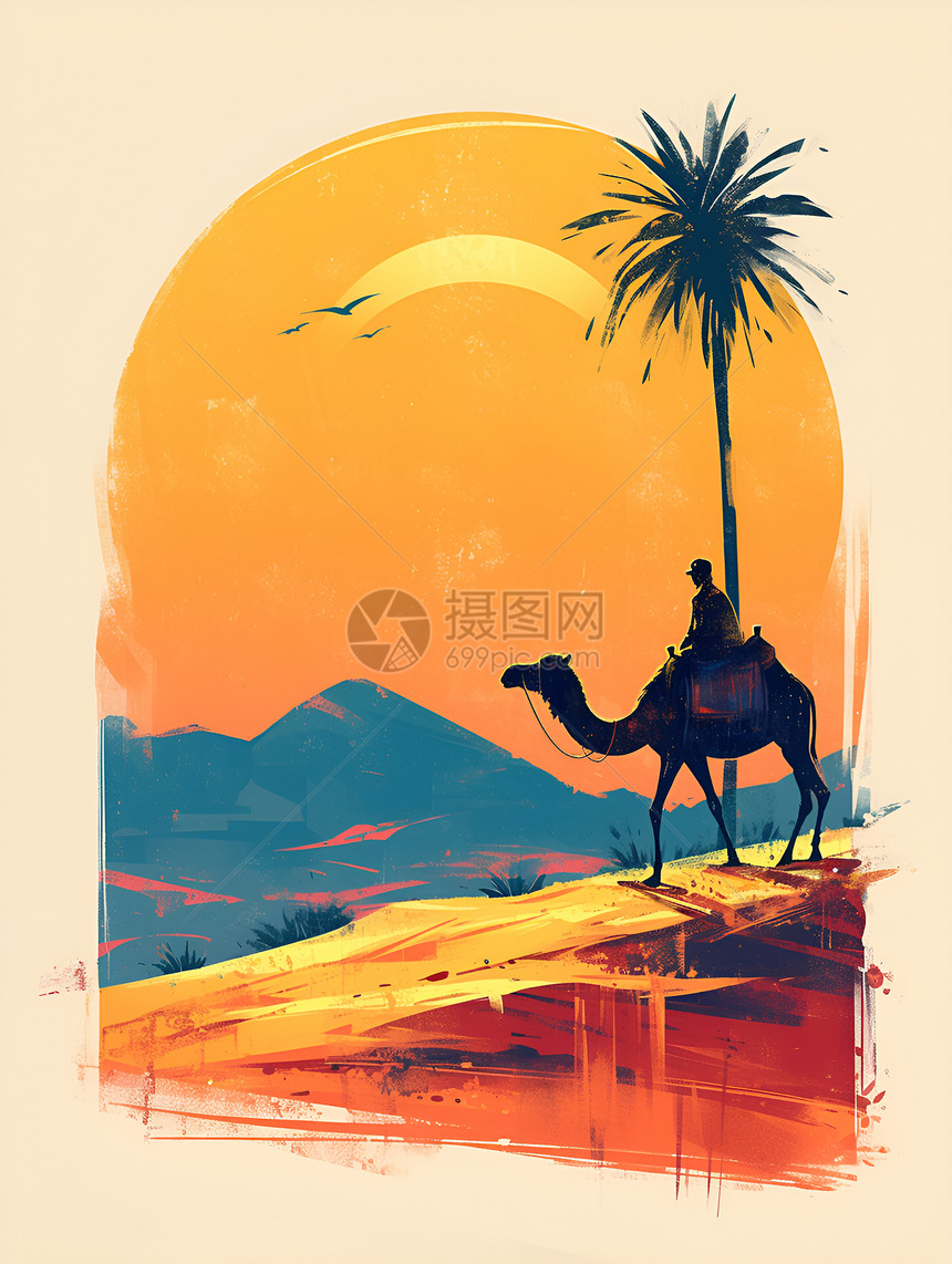 沙漠背景下的剪影骆驼图片